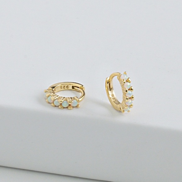 Dainty White Opal Huggie Earrings - Picture 5 of 6